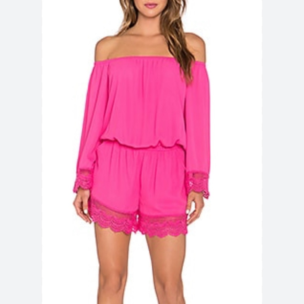 VaVa By Joy Han Pia Pink Off The Shoulder Crochet Lace Trim Romper S Resort